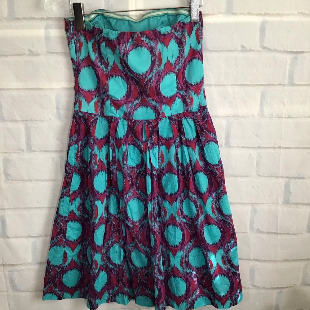 Nicole Miller Turquoise/Purple Cotton Ikat Strapless Dress Sz. 2 - Picture 3 of 7